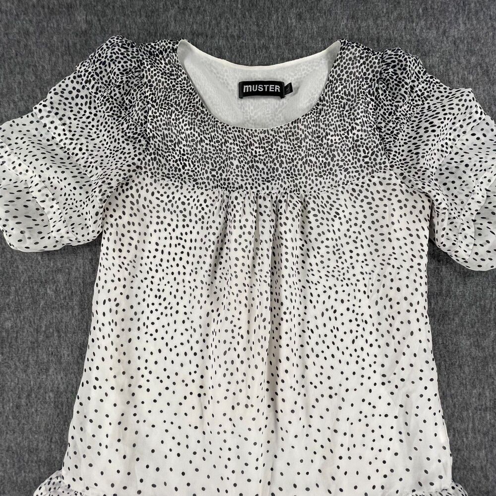 Muster 100% Silk Polka Dot Ruffle Hem Dress L White Black Boho Chic Summer - Picture 4 of 12